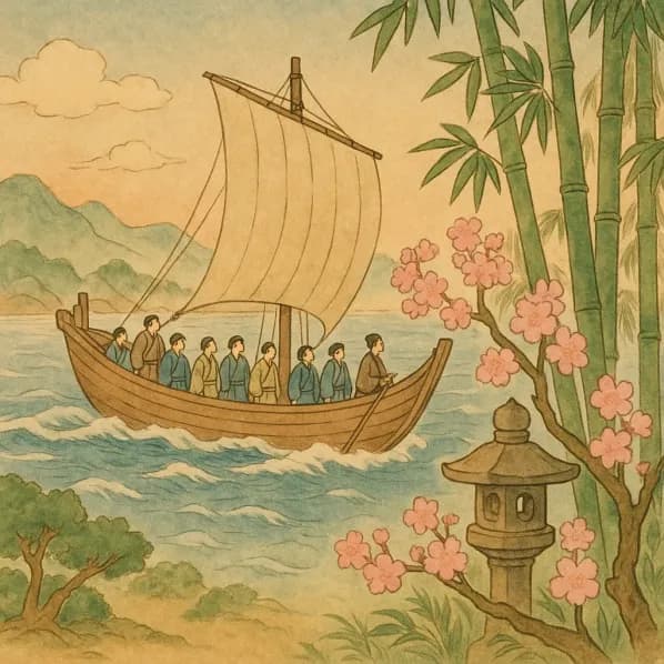Historical maritime trade routes and cultural exchange between China and Japan during the Heian and Edo periods, showing the transmission of astrological knowledge