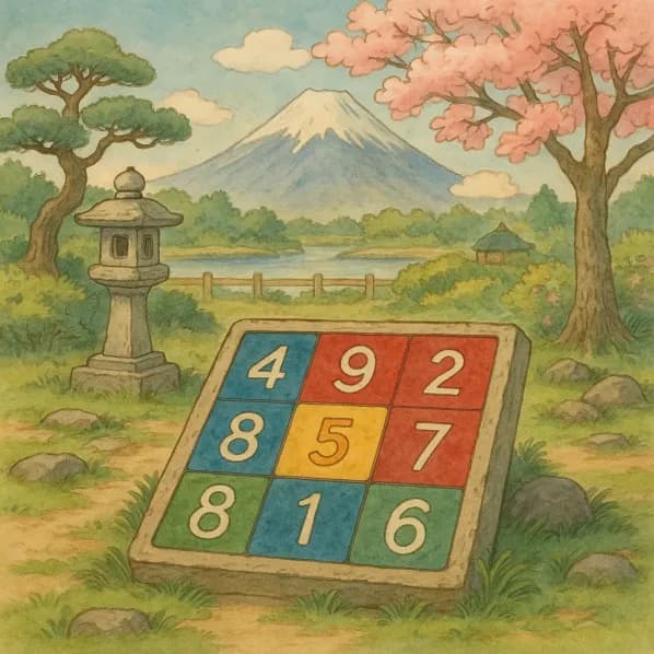Modern Japanese lifestyle incorporating Nine Star Ki astrology, featuring traditional gardens with Mount Fuji, pine trees, and stone lanterns representing contemporary practice