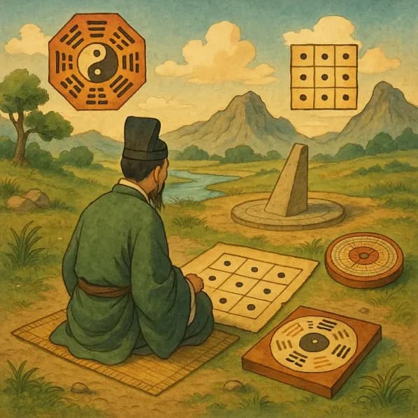 Ancient Chinese astronomical instruments including Lo Shu square, trigrams, and early divination tools used along the Yellow River in classical China